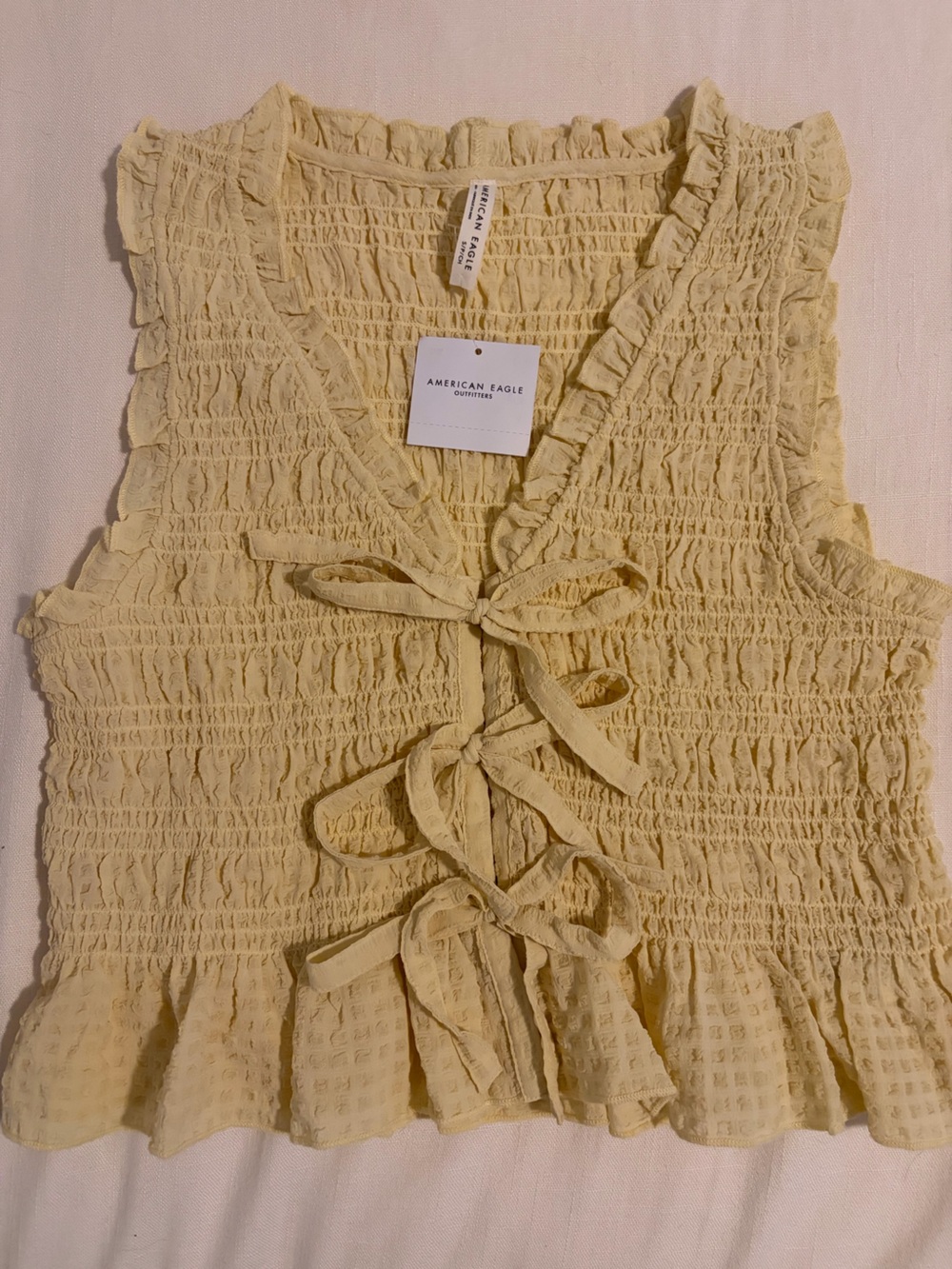 American Eagle Pale Yellow Ruffle Tie-Front Top